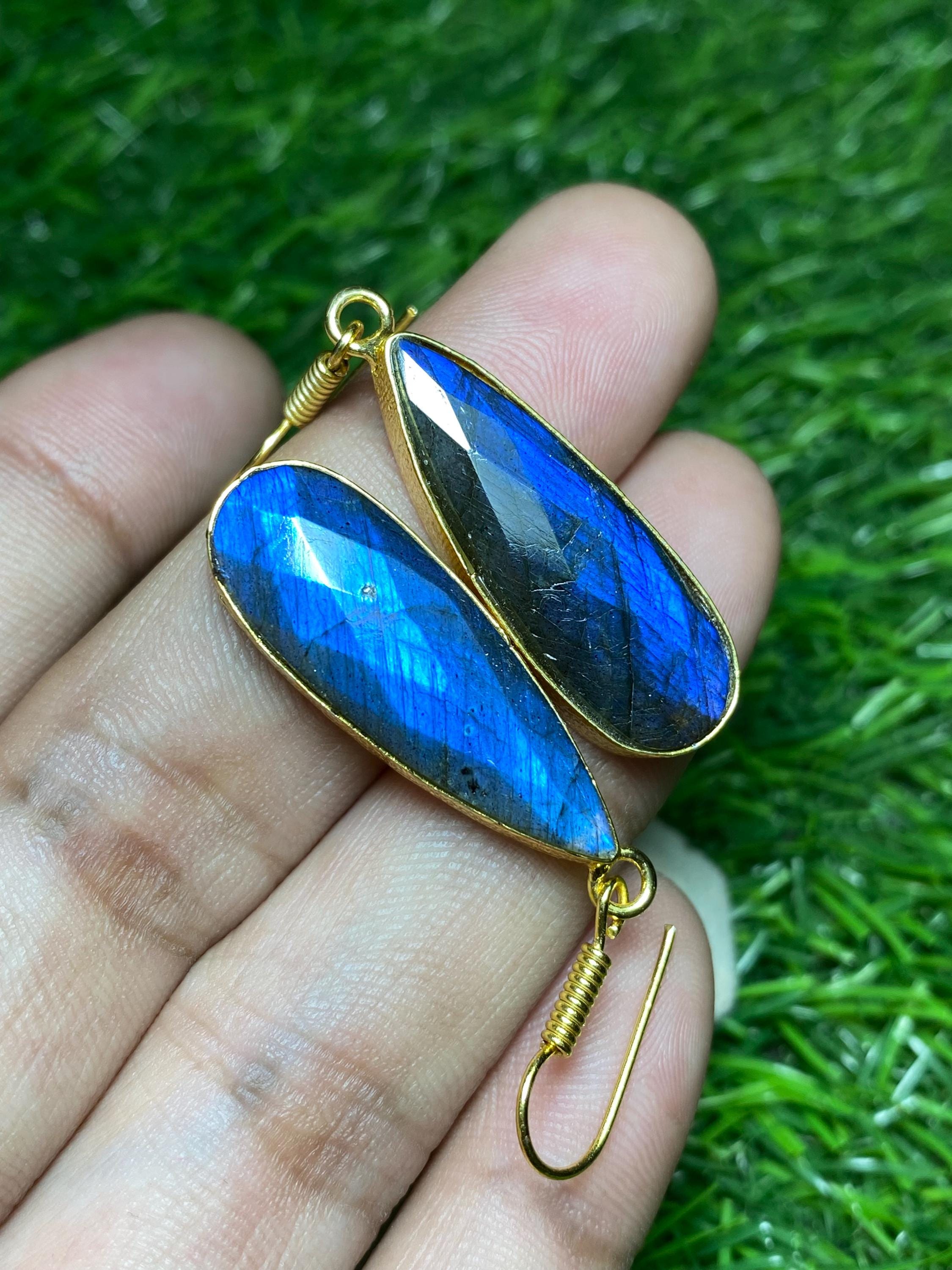 Orecchini pendenti in argento sterling con labradorite e vetro - taglio a scacchi - Italia