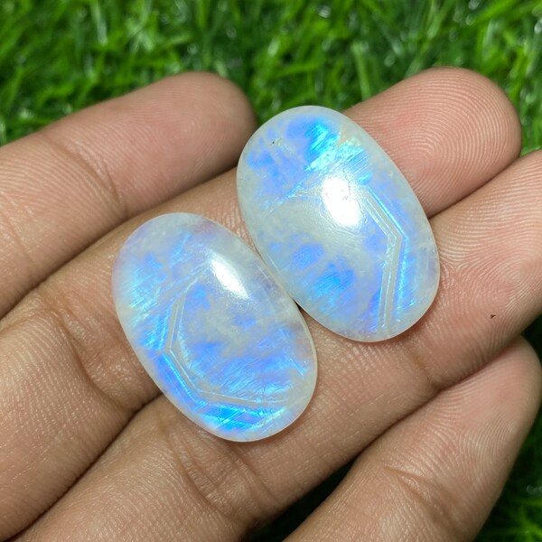 Very Attractive ~ Blue Fire Rainbow Moonstone Cabochon Oval Shape Smooth Polish Pair Loose Gemstone Size - 17x26.50x6 MM. Best For Jewelry..