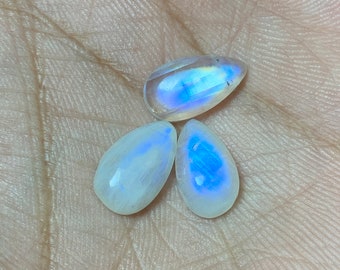 Glorious - Full Blue Flashy Rainbow Moonstone Cabochon Both Side Polish Loose Gemstone Pear Shape 3 Pcs Lot For Making Wire Wrap Jewelry.