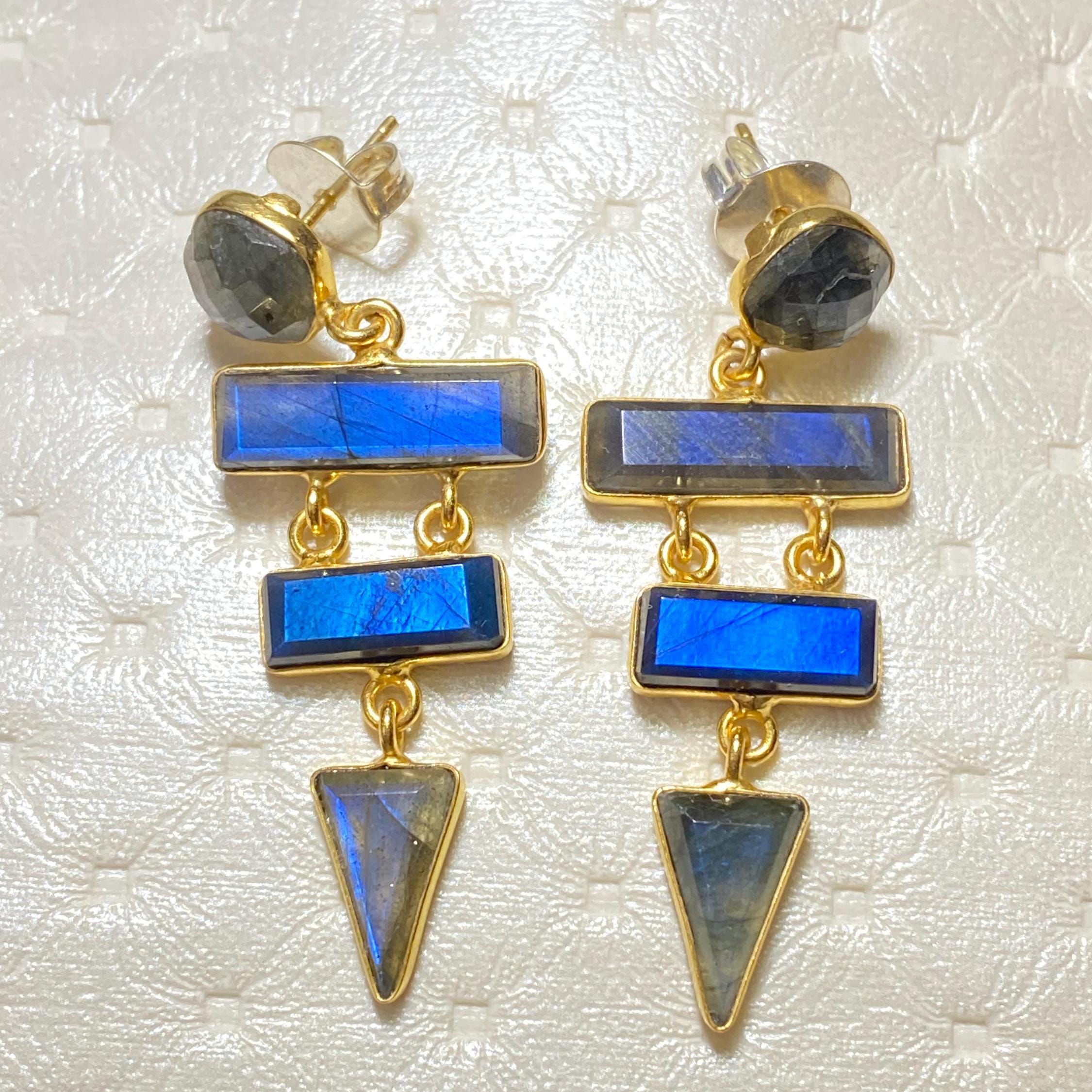 Orecchini pendenti in labradorite fatti a mano in argento sterling 925 placcato oro: gioielli da sposa - Italia