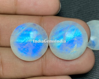 Natural Blue Flashy Rainbow Moonstone Cabochon Size - 5 To 20 MM. Flat Back Round Shape Loose Gemstone Jewelry  Natural Stone Making Jewelry