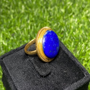 Mystic Lapis Lazuli Ring in Gold Brass - Handcrafted Gift AAA Grade Lapis Ring - Round Stone on Gold Brass Band Unique Lapis Lazuli Jewelry