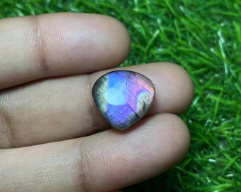 May include: A triangular iridescent labradorite gemstone with a purple, blue, and green sheen. The gemstone is held in a hand against a green grass background.