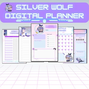 Könnte beinhalten: Ein digitaler Planer in lila und blauen Farben mit einer Comicfigur mit lila Haaren und einem blauen Outfit. Der Planer enthält Abschnitte für die Gewohnheitsverfolgung, To-Do-Listen, Studiennotizen und einen Monatskalender.