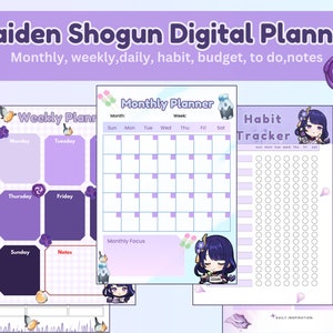 May include: Purple and white digital planner with a character from the video game Genshin Impact. The planner includes sections for monthly, weekly, daily, habit, and budget tracking. The text "Raiden Shogun Digital Planner" is at the top of the image.