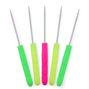 May include: Five ice picks with stainless steel blades and colorful handles. The handles are green, yellow-green, and pink. The ice picks are arranged in a fan shape against a white background.