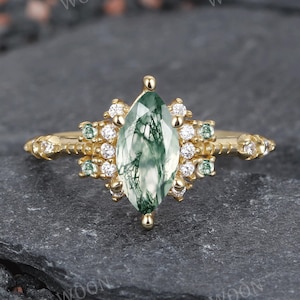 Vintage Marquise Moss Agate Engagement Ring, Unique 14K yellow Gold Promise Ring, Natural Moss Agate Wedding Ring Anniversary Gift for Women