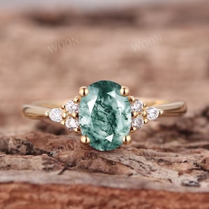 Moosachat Verlobungsring Oval 14k Gelbgold Ring Unikate Cluster Ring Vintage Diamant / Moissanit Ehering Versprechensring Jubiläum