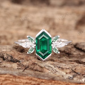 Emerald engagement ring Hexagon cut Art Deco 14K gold Ring unique Cluster Marquise green Agate wedding ring bridal Promise ring Anniversary