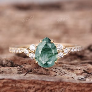 Moss Agate Engagement Ring 14k yellow gold Pear Cut ring unique Cluster Moissanite Diamond ring women wedding ring promise ring Anniversary