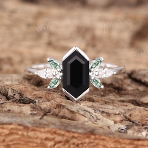 Black Onyx engagement ring Hexagon cut Art Deco 14K gold Ring unique Cluster Marquise green Agate wedding ring bridal Promise ring for women