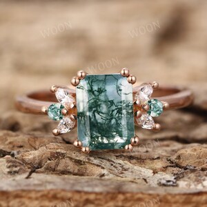 Moss Agate Engagement Ring Emerald Cut 14K Gold Engagement Ring Marquise Cluster Moissanite / Diamond Wedding Ring Promise Ring Anniversary