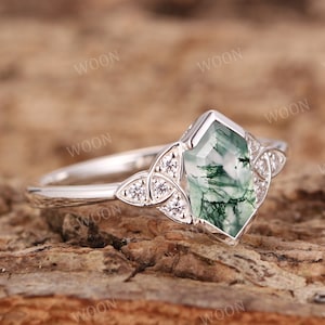 Art Deco Moss Agate engagement ring Hexagon Cut solid gold Ring unique Cluster diamond moissanite wedding ring bridal Promise ring for women