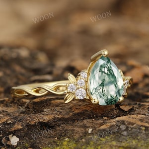 Pear Moss Agate Engagement Ring: 14K Yellow Gold Leaf Ring, Diamond Accent