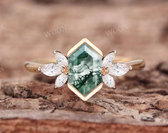 Hexagon Cut Moss Agate engagement ring Art Deco 14K gold Ring unique Cluster Marquise moissanite wedding ring bridal Promise ring For Women