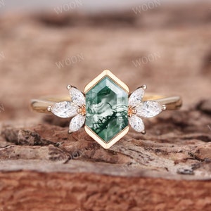 Hexagon Cut Moss Agate engagement ring Art Deco 14K gold Ring unique Cluster Marquise moissanite wedding ring bridal Promise ring For Women