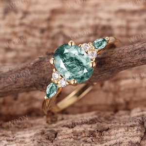 Anel de noivado oval de ágata musgosa: anel de casamento vintage em ouro amarelo e moissanita