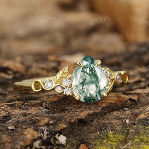 Pear Moss Agate Engagement Ring: 14k Gold Leaf Diamond Bridal Ring