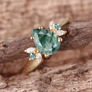 Moss Agate engagement ring pear vintage Rose gold engagement Ring Cluster Marquise diamond moissanite wedding ring promise Ring Anniversary
