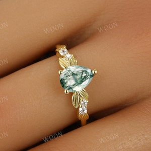 Moss Agate Engagement Ring: Pear Cut 14k Gold Leaf Design