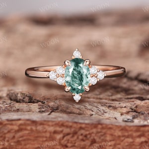 Moss Agate engagement ring Oval cut Art Deco gold Ring unique Cluster moissanite Diamond Ring wedding ring bridal Promise ring For Women