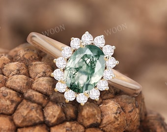 Moss Agate engagement ring vintage Oval cut 14k gold Ring unique Cluster halo diamond moissanite wedding ring bridal Promise ring for women