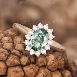 Moss Agate engagement ring vintage Oval cut 14k gold Ring unique Cluster halo diamond moissanite wedding ring bridal Promise ring for women
