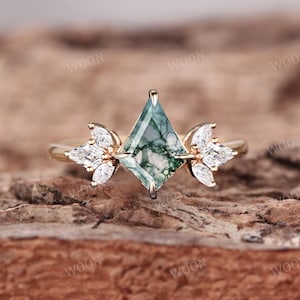 Kite Cut Moss Agate Engagement Ring vintage 14K Gold Ring Vintage Cluster Marquise moissanite diamond Wedding Ring Promise Ring Anniversary