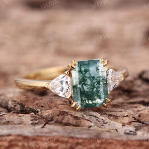 Emerald cut Moss Agate engagement ring Art Deco rose gold Ring unique Triangle Three stone ring Cluster moissanite wedding ring Bridal ring