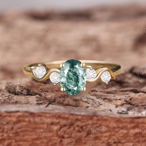 Oval cut Moss Agate engagement ring Art Deco 14K gold Ring unique moissanite Diamond Ring wedding ring Promise ring For Women Anniversary