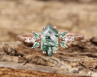 Hexagon Moss Agate engagement ring Art Deco solid gold Ring unique Cluster Marquise green Agate wedding ring bridal Promise ring Anniversary