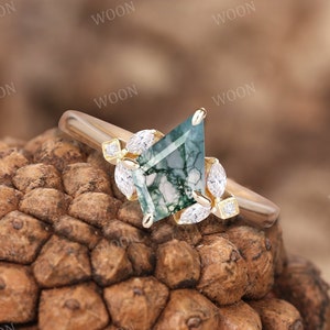 Moss Agate engagement ring vintage Kite cut solid gold Ring unique Cluster Marquise moissanite wedding ring bridal Promise ring for women