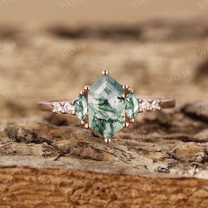 Vintage Moss Agate engagement ring Hexagon 14K gold Ring unique Cluster Marquise green Agate wedding ring bridal ring For Women Anniversary