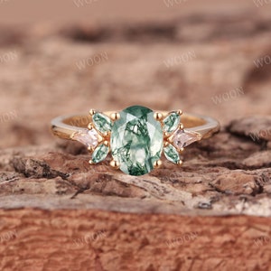 Moss Agate engagement ring Oval cut Art deco 14K gold Ring unique Cluster Marquise green Agate wedding ring Promise bridal Ring Anniversary