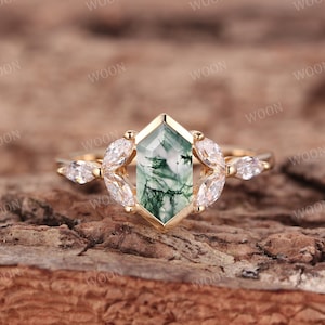 Art Deco Moss Agate engagement ring Hexagon solid gold Ring unique Cluster Marquise green Agate wedding ring bridal Promise ring Anniversary