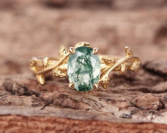 Moss Agate Engagement Ring oval solid Gold Alternative Ring art deco Nature Inspired Leaf Ring wedding Promise ring for Women Anniversary