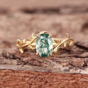 Moss Agate Engagement Ring oval solid Gold Alternative Ring art deco Nature Inspired Leaf Ring wedding Promise ring for Women Anniversary