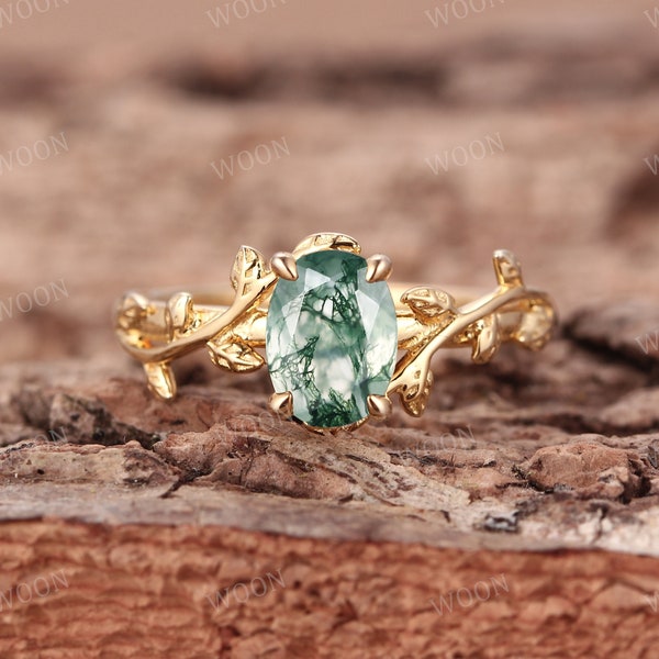 Moss Agate Bague de fiançailles ovale en or massif Alternative Ring art déco Nature Inspired Leaf Ring mariage Promise ring pour les femmes Anniversaire