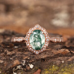 Unique oval cut Moss Agate ring Rose gold ring vintage Art deco Ring halo Diamond Moissanite engagement ring Promise ring gift for her