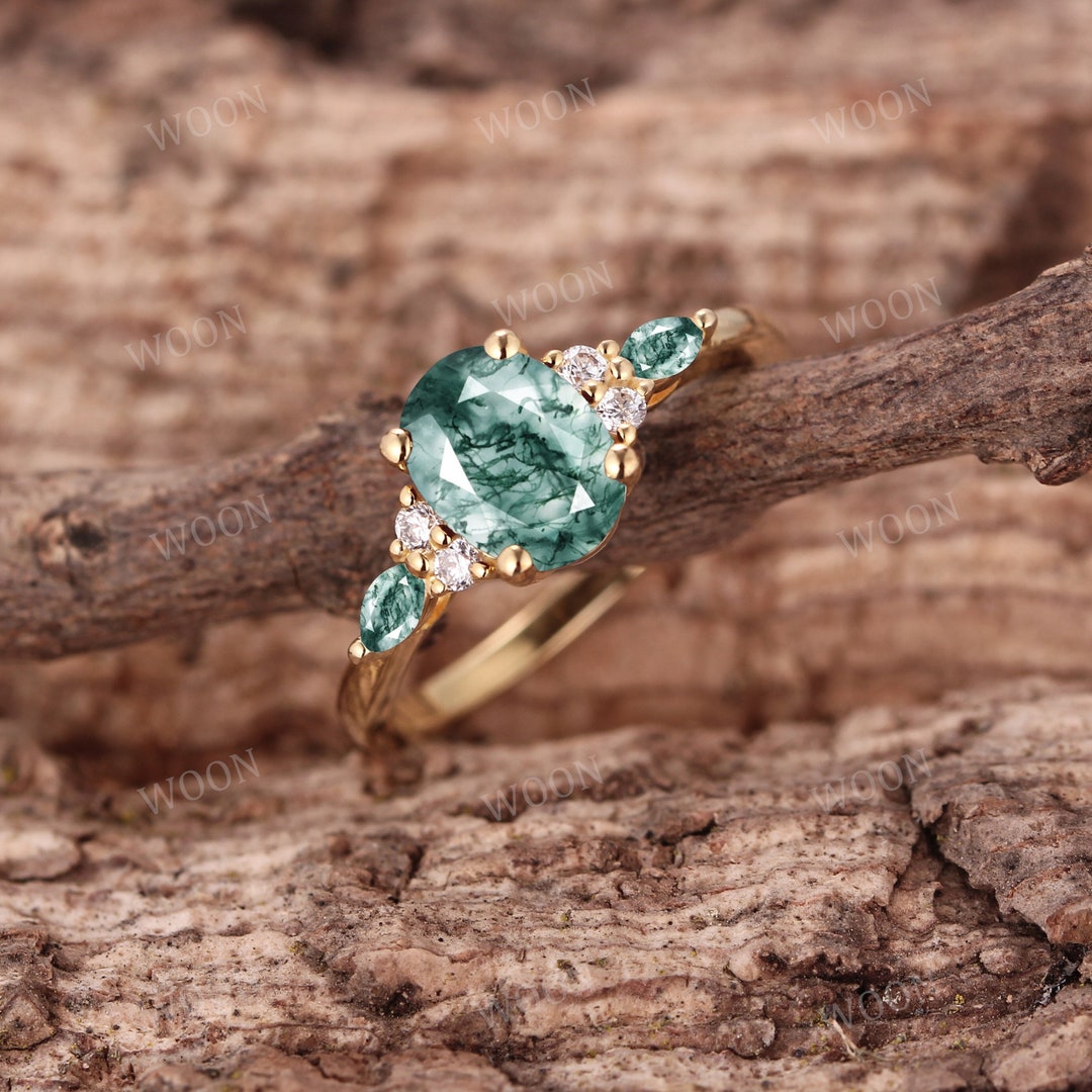 Oval Moss Agate Engagement Ring: Vintage Yellow Gold Cluster ...
