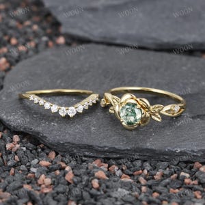 Vintage Round cut green moss agate engagement ring rose gold art deco Rose leaf nature inspired bridal promise wedding ring set women