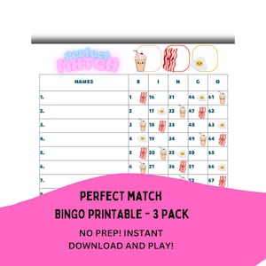Bingo Perfect Match / Juego de bingo / Tableros de bingo / Hojas de bingo / Tableros de juego / Cartones de bingo / Noche de bingo / Plantilla de bingo / Paquete de 3