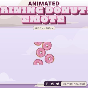 Peut inclure: Graphique d'émoticône animée "Raining Donuts". L'image présente des donuts roses avec des vermicelles tombant sur un fond violet clair. Le texte "ANIMATED RAINING DONUTS EMOTE" est affiché en 3D.