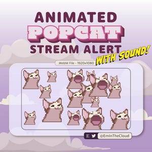 May include: Animated Popcat stream alert with sound. WebM file - 1920x1080. A pink and white animated Popcat with a pink background.