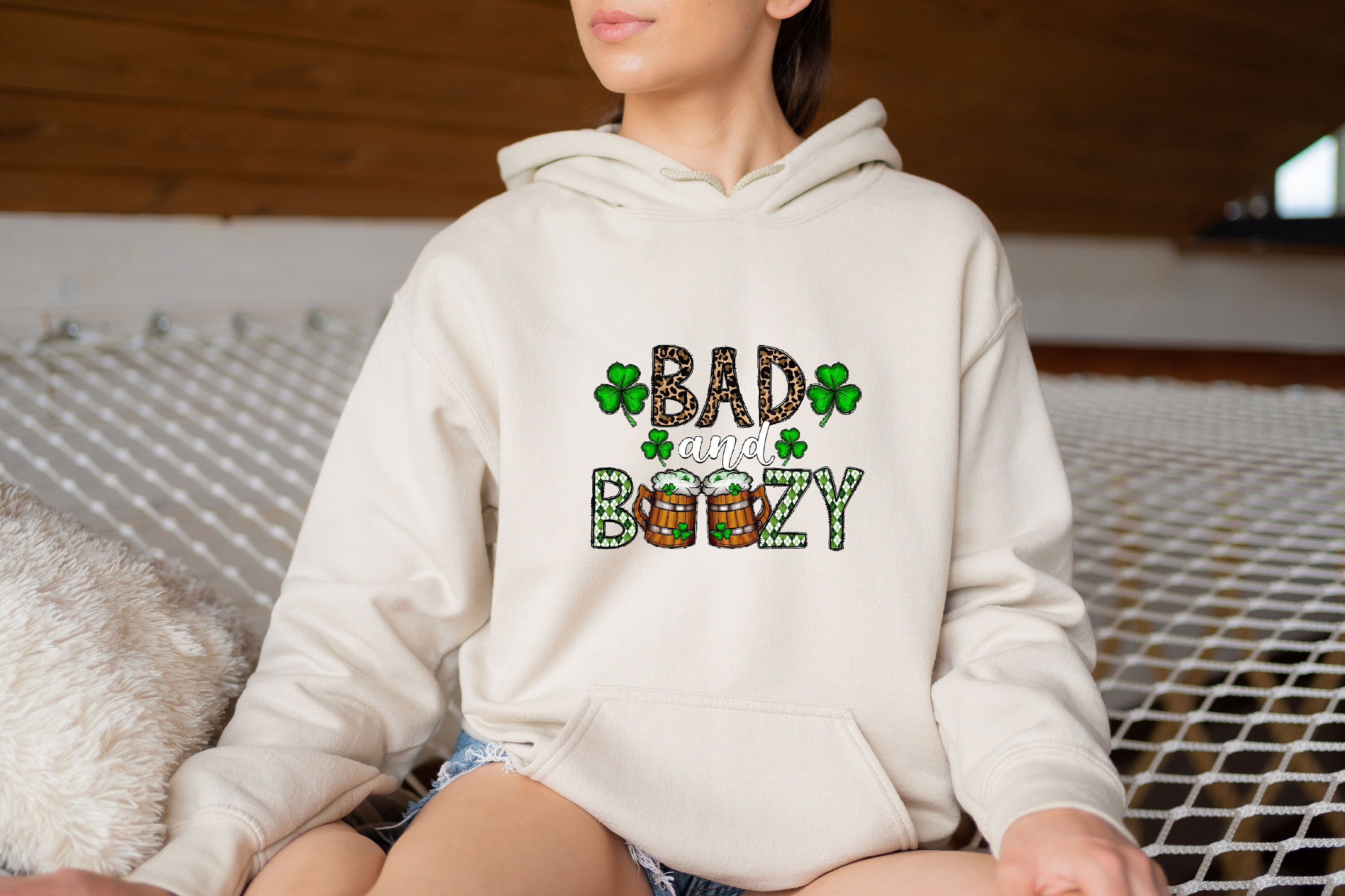 Women's St Patty's Day Hoodie, Bad and Boozy Hoodie, Funny Drinking Hoodie