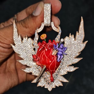 Custom Angel Red Heart Leaf 925 Silver 16ct Moissanite Baguette Icedout Jewelry,Rapper Personalized Birthday Hip Hop Enamel Cartoon Pendant