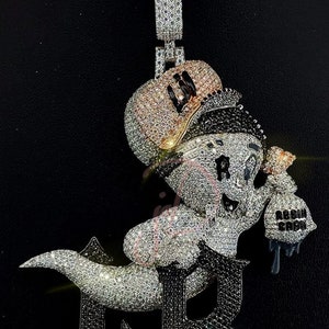 Letra de personagem de desenho animado personalizada, prata 925, 12 quilates, joia moissanite icedout, pingente masculino personalizado com nome, palavra, aniversário, logotipo hip hop esmaltado
