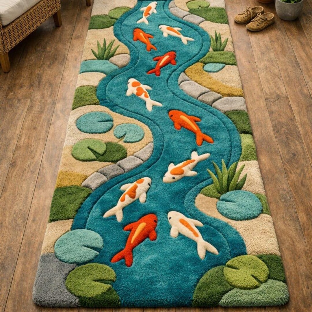 Pond Colors Rug Hand Tufted Wool Koi Fish River Runner Rug , Japanese Style Pond Carp ...