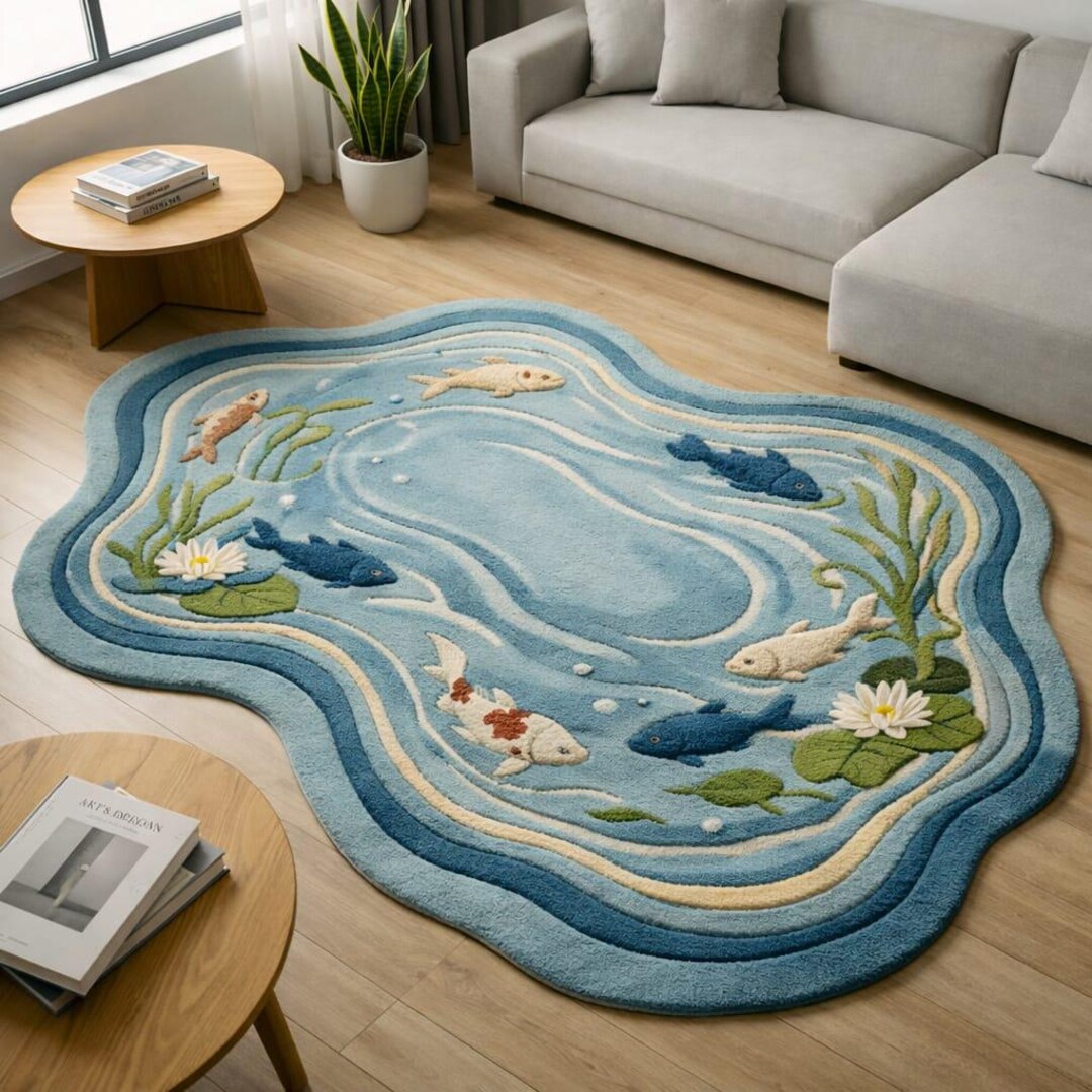 Fish Tuft Rug Hand-tufted 3D Koi Fish Pond Rug, Irregular Blue Water Lily Carpet - Etsy