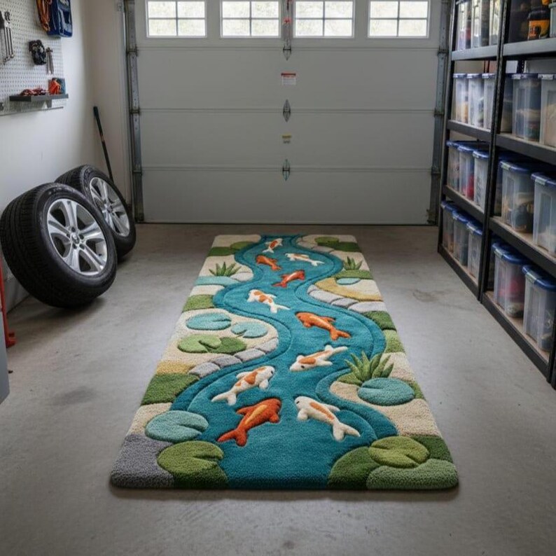 River Rugs Hand Tufted Wool Koi Fish River Runner Rug , Japanese Style Pond Carp ...